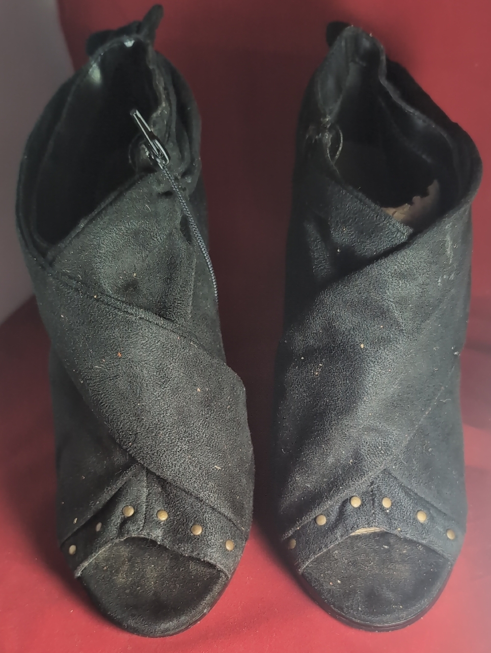 Shoe Dazzle Black Suede Peep-Toe Ankle Booties with Stud Accents